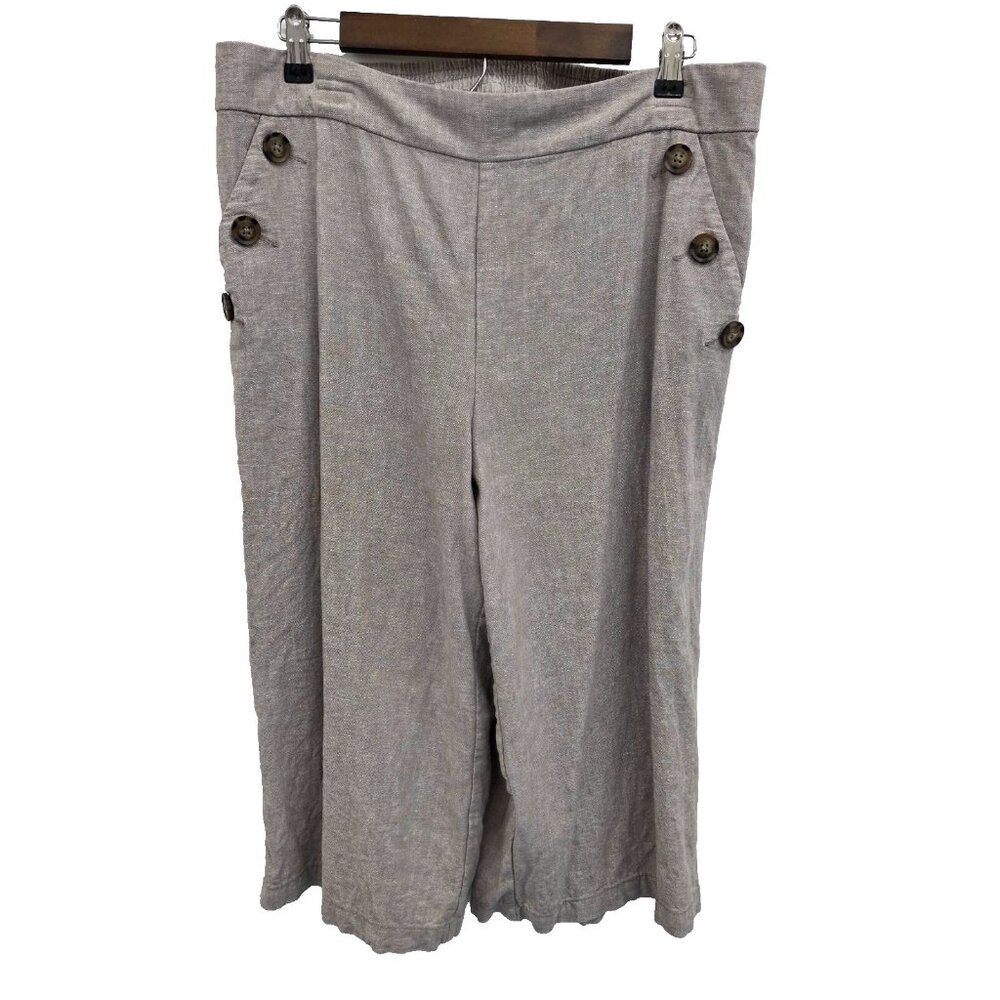 Lane Bryant Women's Linen Wide-Leg‎ Cropped Pants Size 14 Taupe Button Accents